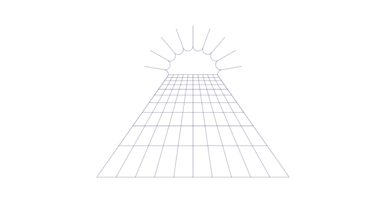 Stylized silicon wafer grid beneath a rising sun.