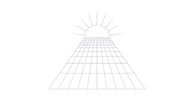 Stylized silicon wafer grid beneath a rising sun.
